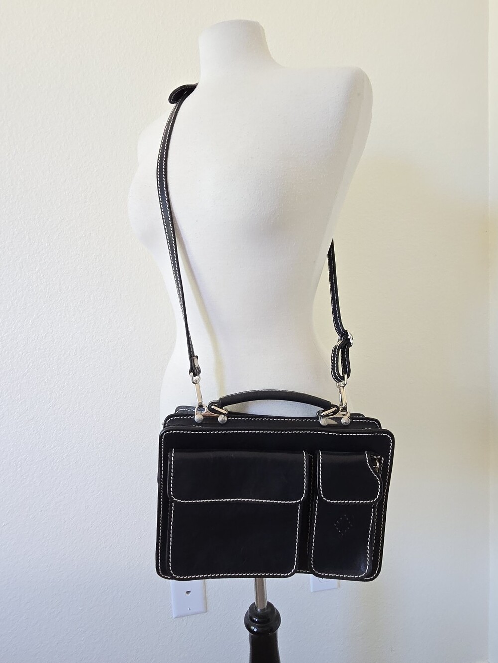 Il Giglio Black Leather Multi-compartment Crossbody Bag Structured Unisex Italy